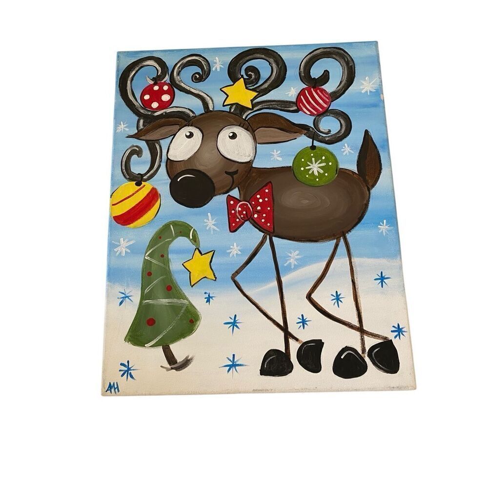 Handpainted Reindeer Christmas Canvas Painting Ornaments Xmas